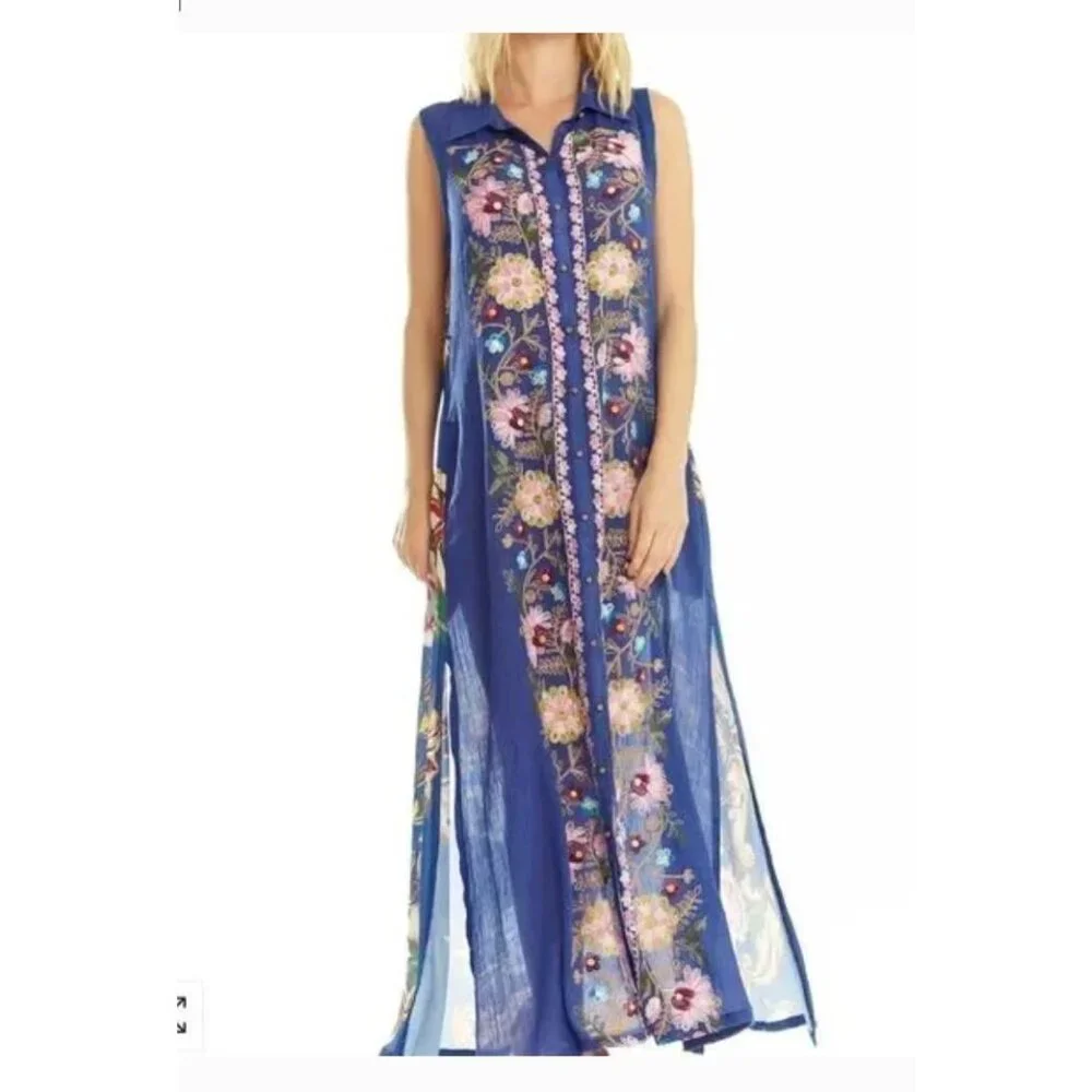 NWT Aratta Adonis Blue Embroidered Maxi Duster Shirt Dress S $228 Boho Festival - Picture 3 of 17